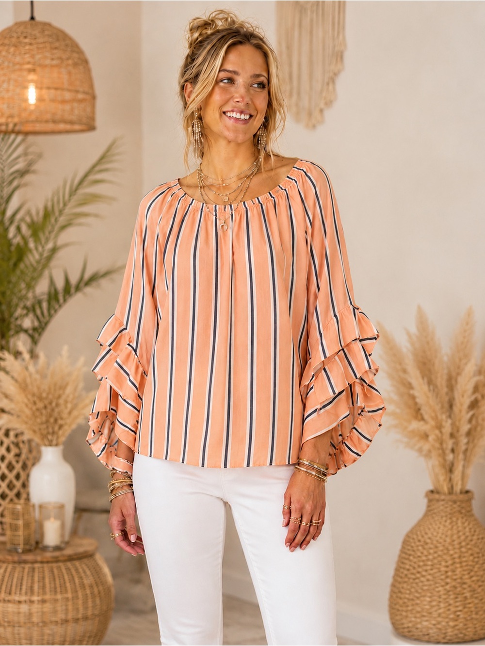 NWT Fever Peach Striped Ruffle-Sleeve Blouse with Navy Accents Size XL